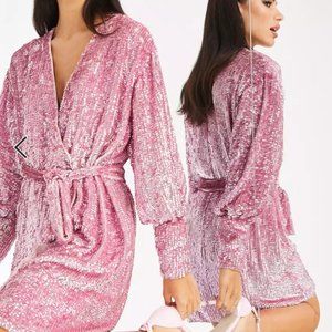 NWT Sz 12 Asos pink sequin wrap mini dress